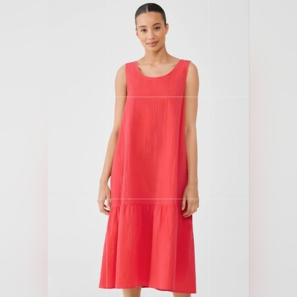 Eileen Fisher Organic Cotton Pucker Tiered Maxi Dress Pink Sleeveless Medium